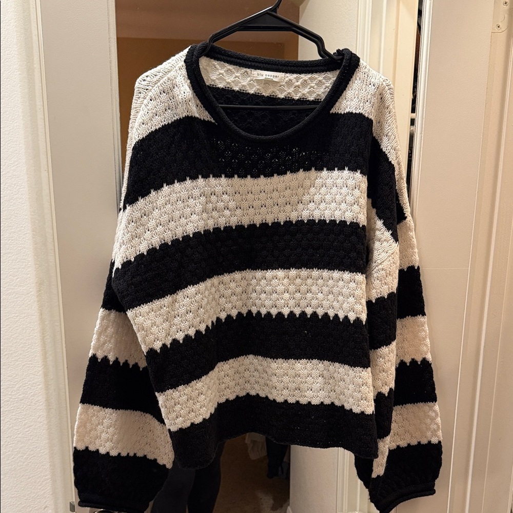 Blu Pepper Textured Black and Cream Striped Sweater